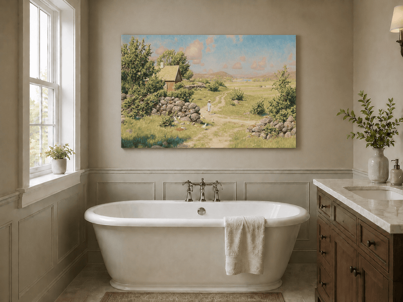 Landscape Oil Painting - Sunny Countryside Path with Cottage