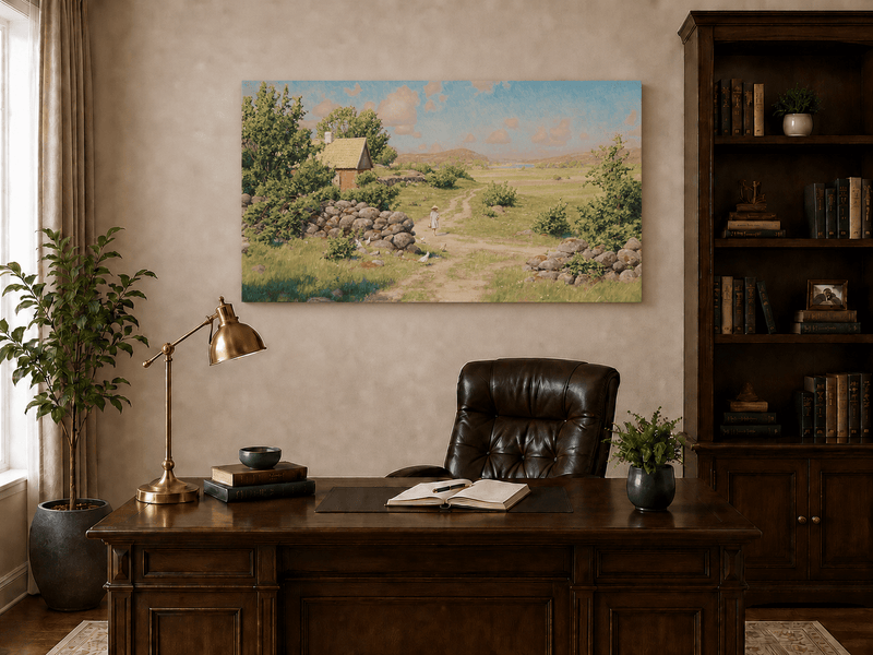 Landscape Oil Painting - Sunny Countryside Path with Cottage