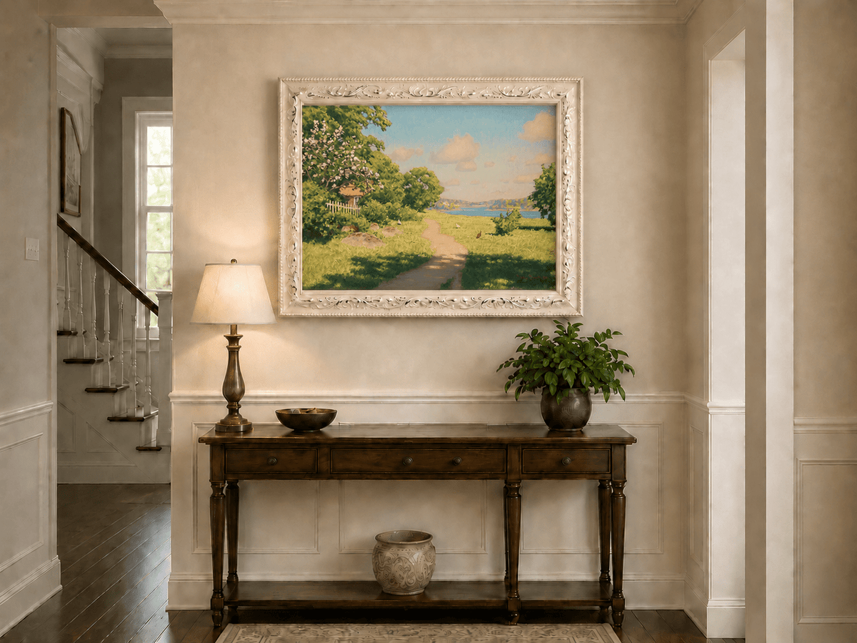 Landscape Oil Painting - Sunny Garden Path by the Lake