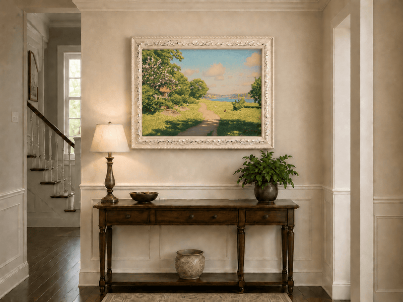 Landscape Oil Painting - Sunny Garden Path by the Lake