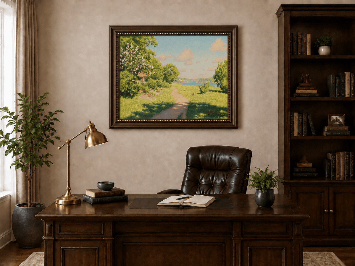 Landscape Oil Painting - Sunny Garden Path by the Lake