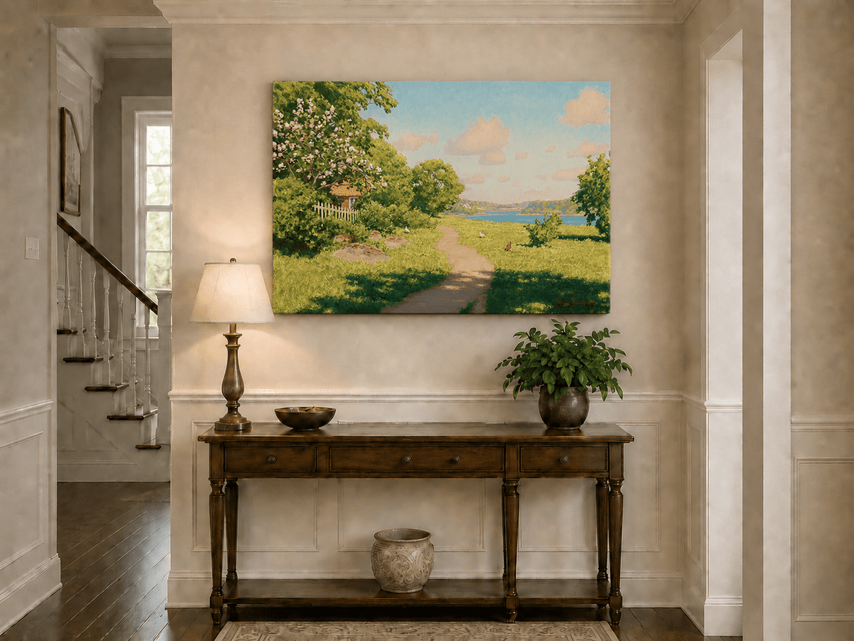 Landscape Oil Painting - Sunny Garden Path by the Lake