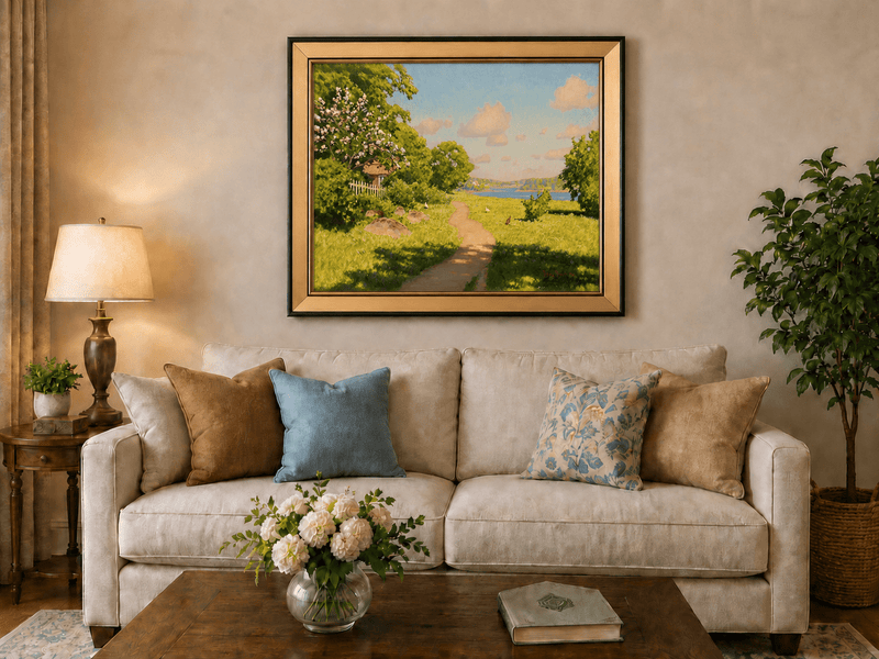 Landscape Oil Painting - Sunny Garden Path by the Lake