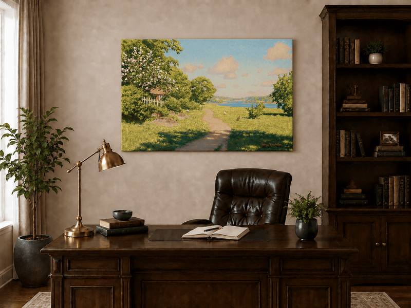 Landscape Oil Painting - Sunny Garden Path by the Lake