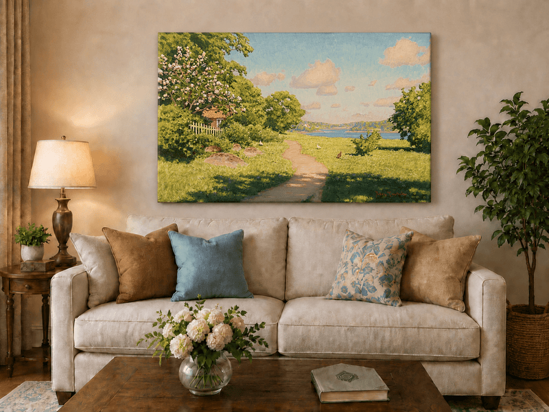 Landscape Oil Painting - Sunny Garden Path by the Lake