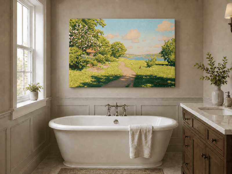 Landscape Oil Painting - Sunny Garden Path by the Lake