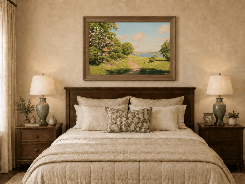 Landscape Oil Painting - Sunny Garden Path by the Lake