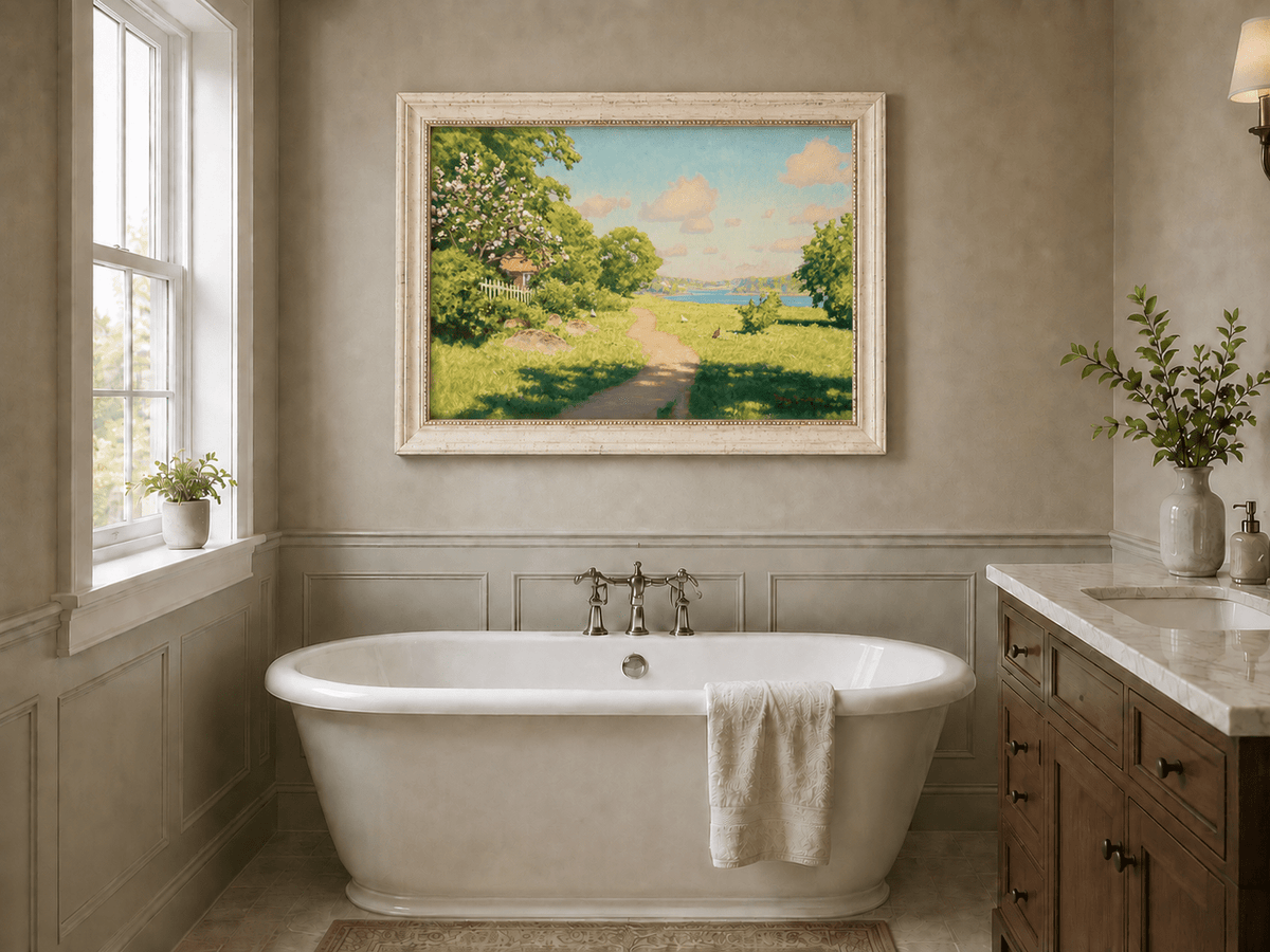 Landscape Oil Painting - Sunny Garden Path by the Lake