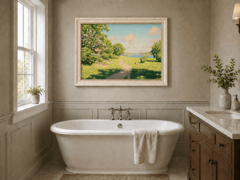 Landscape Oil Painting - Sunny Garden Path by the Lake