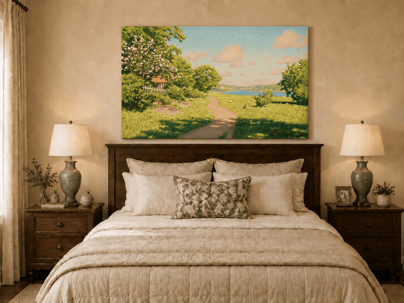Landscape Oil Painting - Sunny Garden Path by the Lake