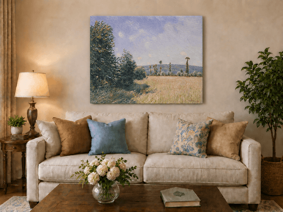 Country meadow and path hand-painted oil artwork displayed in a second interior view.