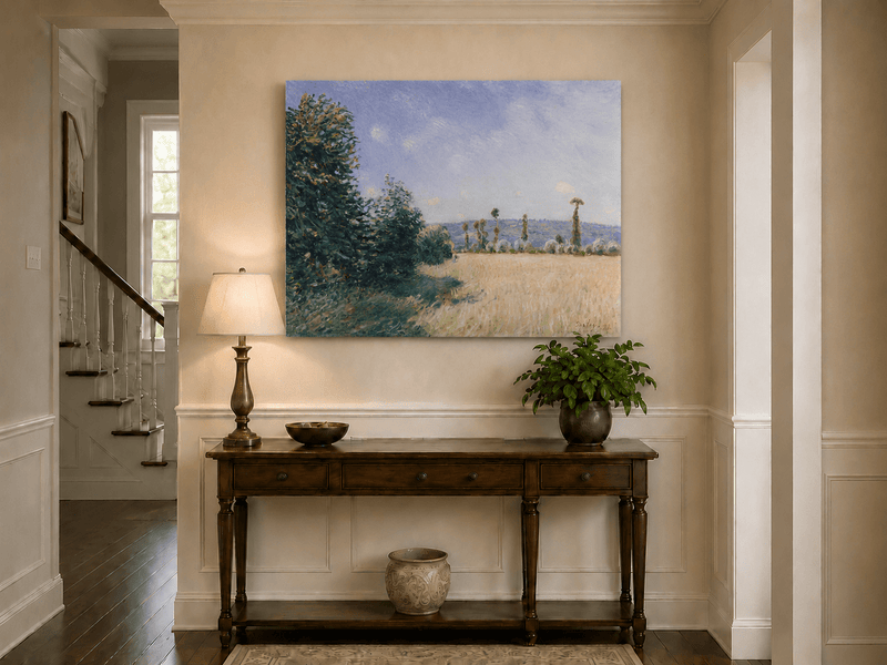 Sunny meadow landscape painting shown as decorative oil wall art.