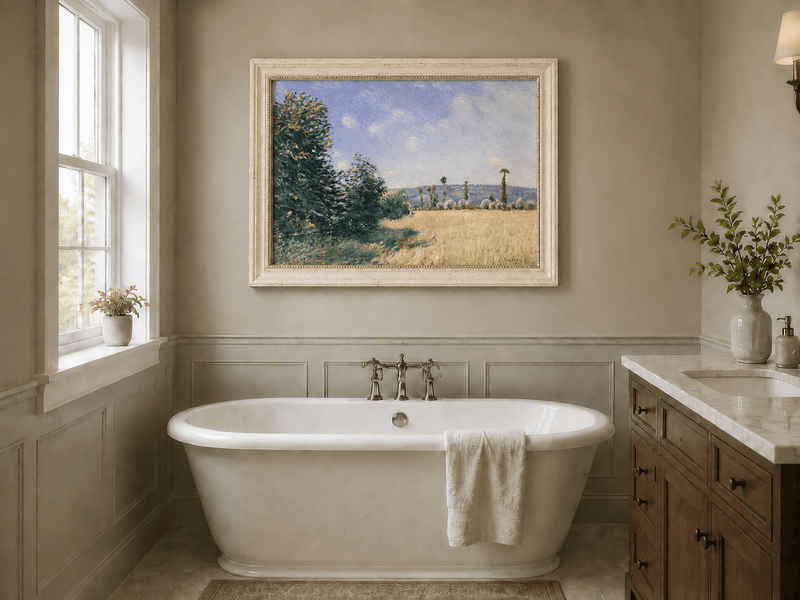 Sunny countryside landscape oil painting presented as interior home decor.