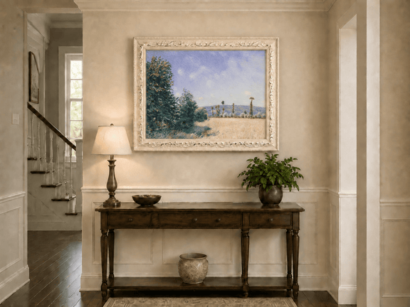 Sunny meadow, trees and country path hand-painted oil artwork shown as home wall decor.