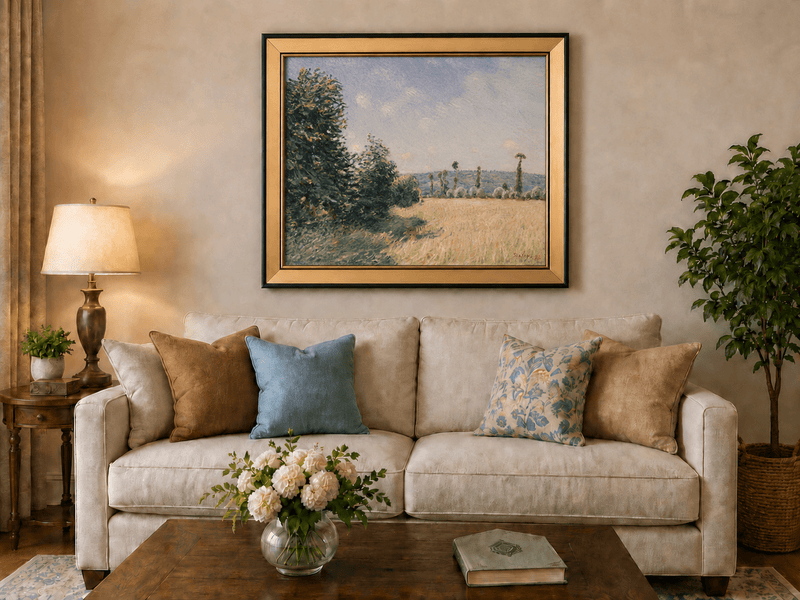 Country path through a sunny meadow landscape oil painting presented in an interior wall art mockup.