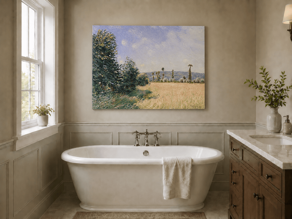 Sunny meadow with trees and country path landscape oil painting presented as styled home decor.