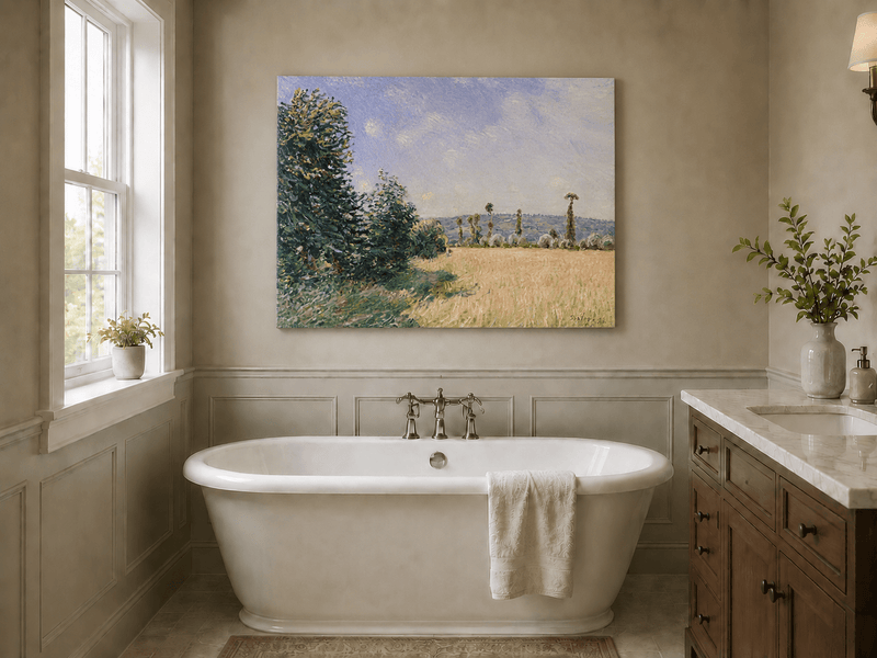 Sunny meadow with trees and country path landscape oil painting presented as styled home decor.