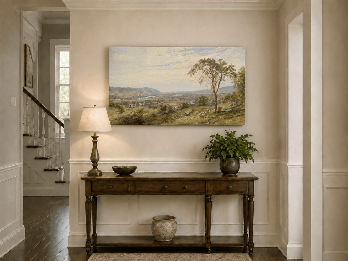 Landscape Oil Painting - Sunny Valley Farmland and River View