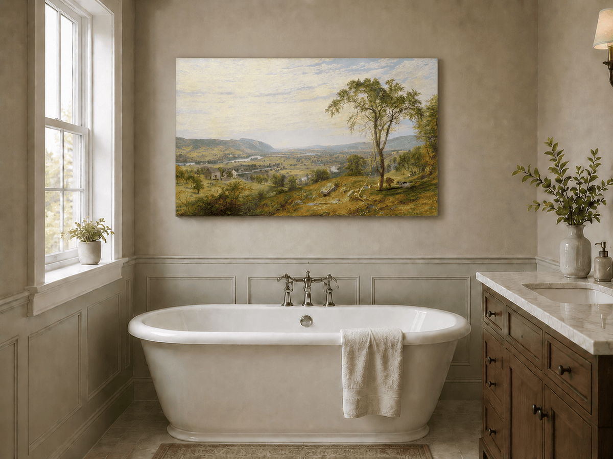 Landscape Oil Painting - Sunny Valley Farmland and River View