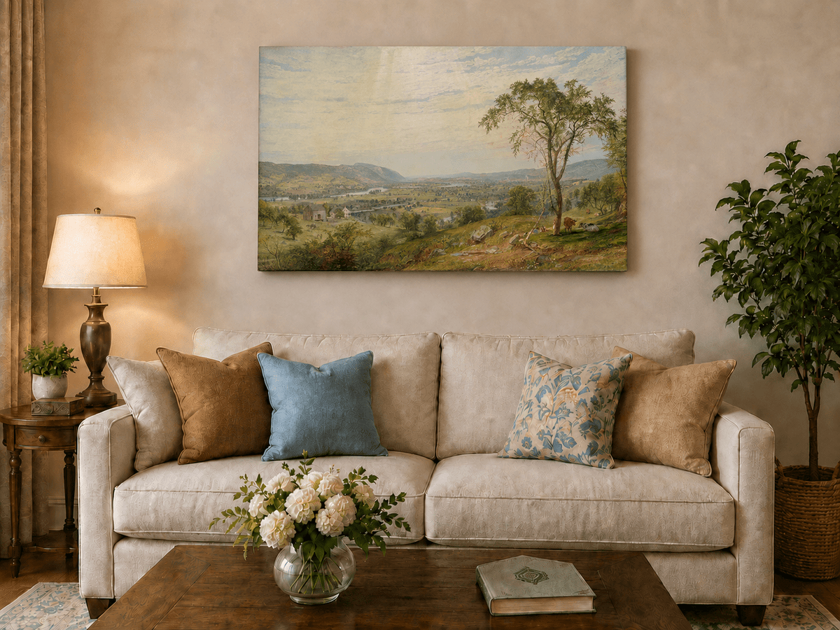 Landscape Oil Painting - Sunny Valley Farmland and River View