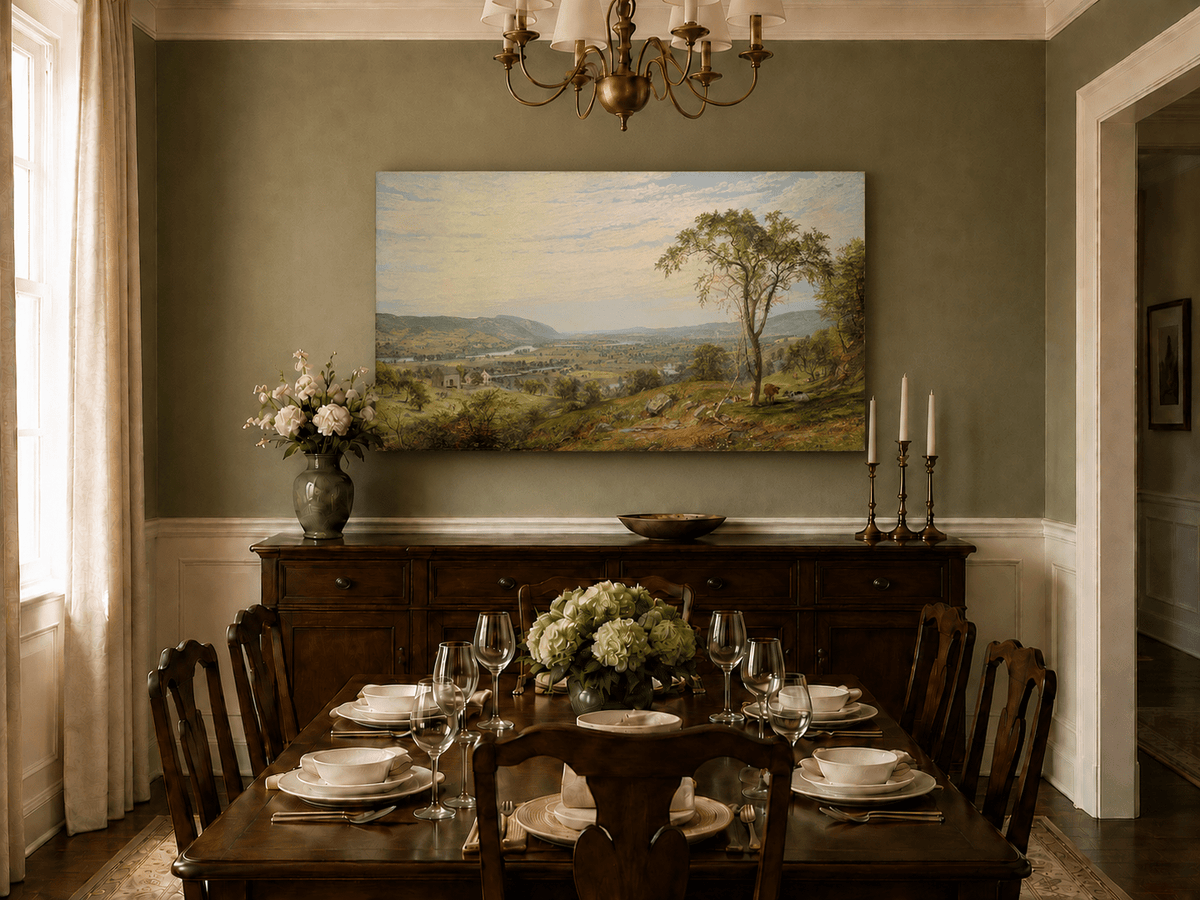 Landscape Oil Painting - Sunny Valley Farmland and River View