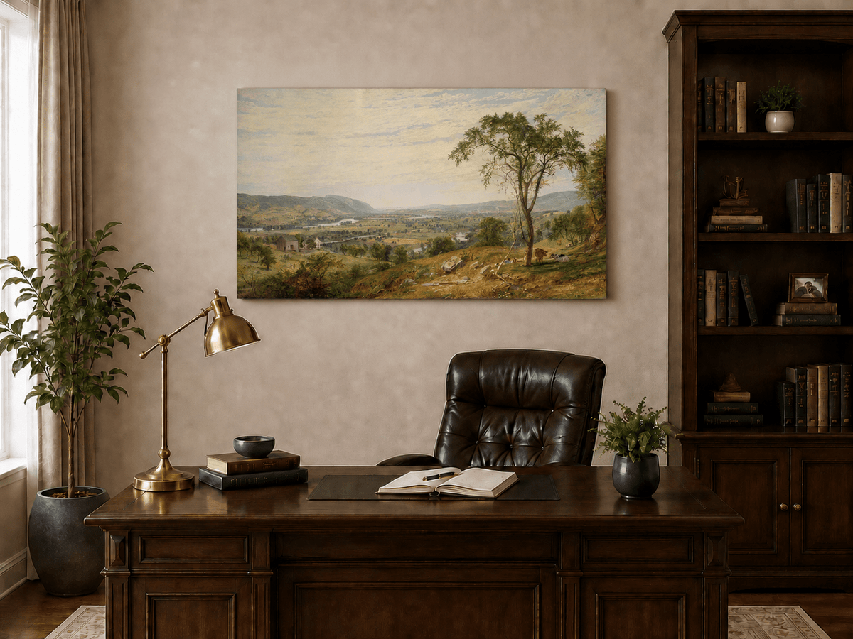 Landscape Oil Painting - Sunny Valley Farmland and River View