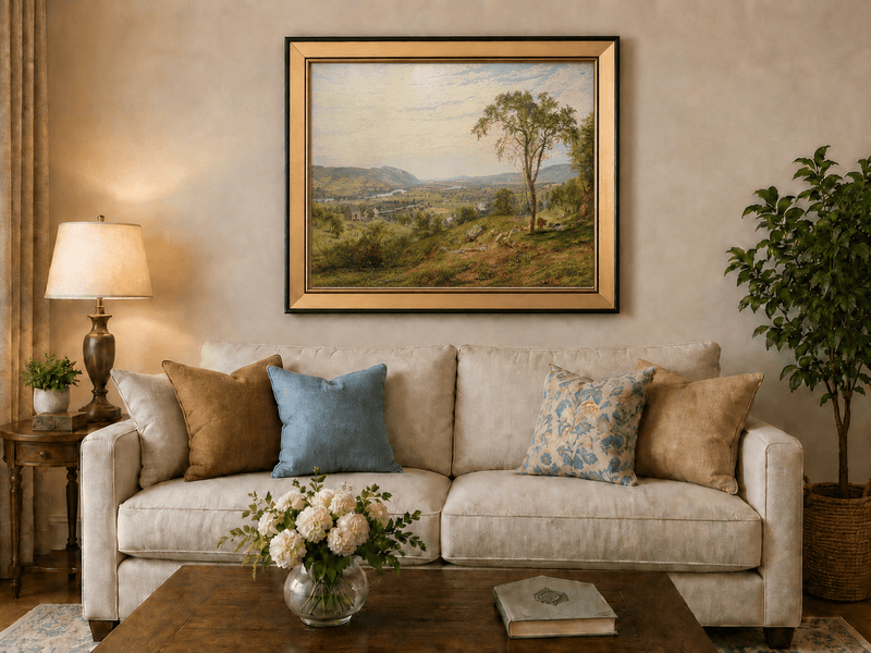 Landscape Oil Painting - Sunny Valley Farmland and River View