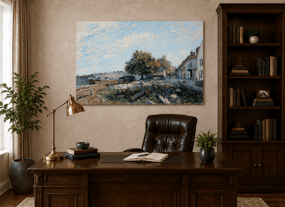 Interior wall art view featuring a sunny village street and riverbank oil painting.