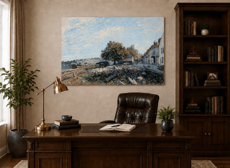 Interior wall art view featuring a sunny village street and riverbank oil painting.