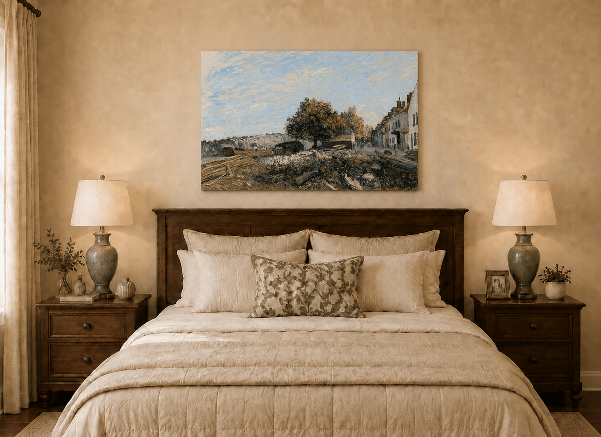 Sunny village riverbank oil painting displayed as landscape wall decor.