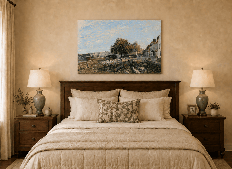 Sunny village riverbank oil painting displayed as landscape wall decor.