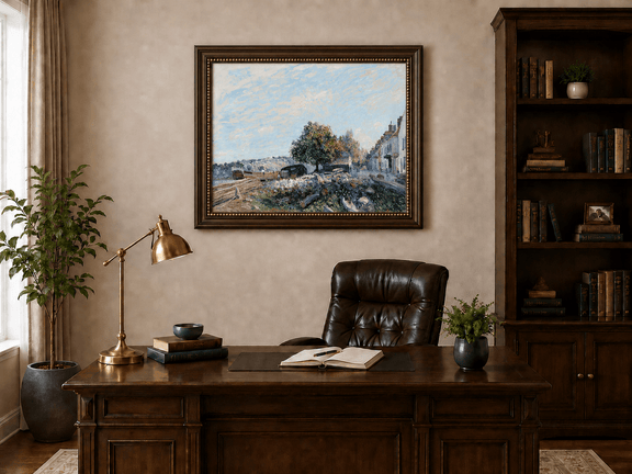 Village street beside a sunny riverbank landscape oil painting presented in an interior wall art mockup.
