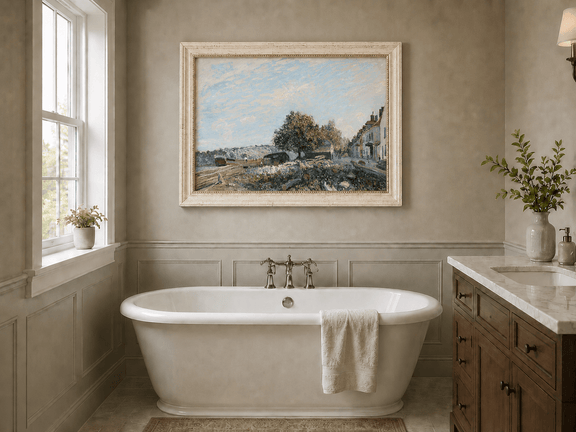 Sunny village landscape oil painting presented as interior home decor.