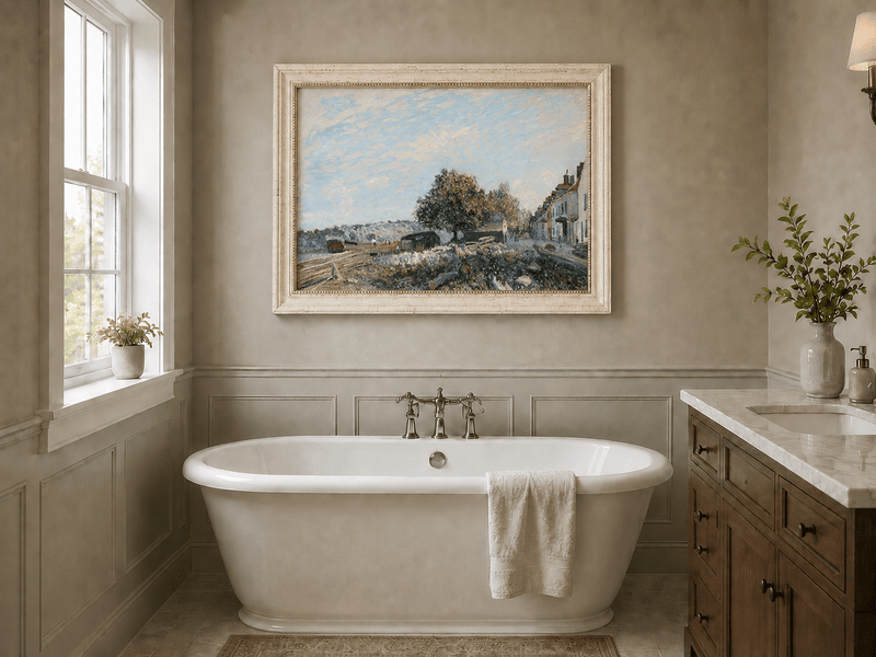 Sunny village landscape oil painting presented as interior home decor.