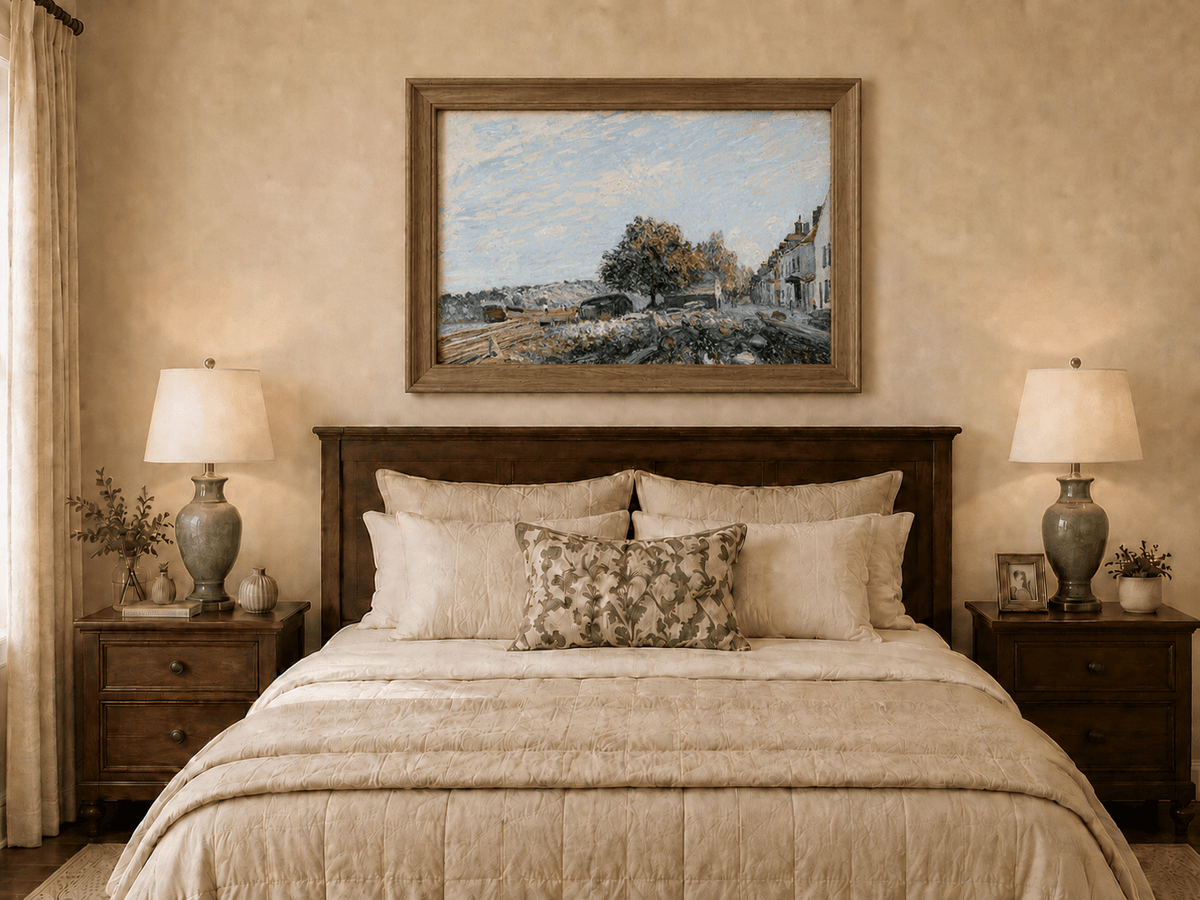 Hand-painted sunny village street and riverbank displayed as decorative wall art.