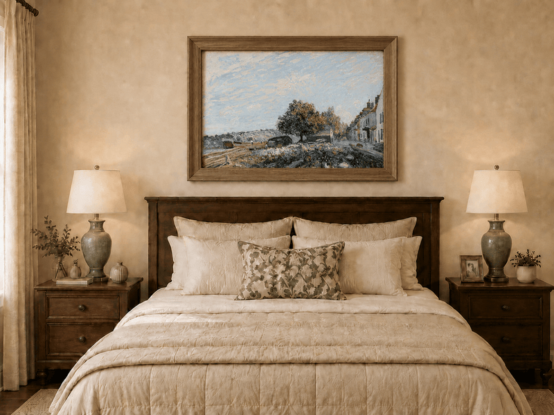 Hand-painted sunny village street and riverbank displayed as decorative wall art.