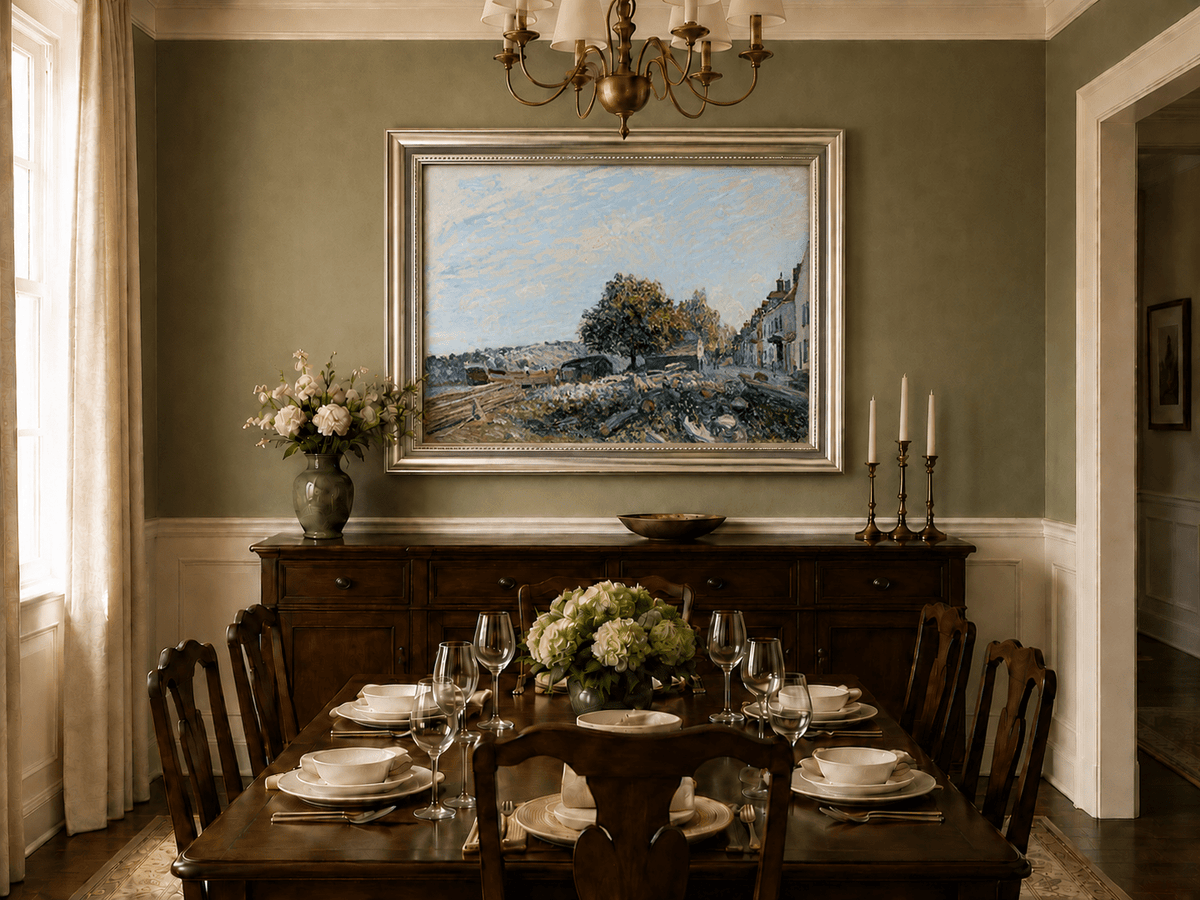 Sunny riverbank and village street oil landscape artwork shown in a styled home interior.