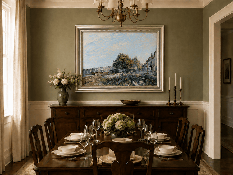 Sunny riverbank and village street oil landscape artwork shown in a styled home interior.