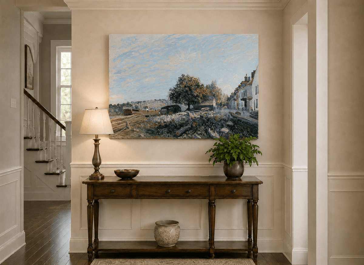 Village street and riverbank landscape painting shown as decorative oil wall art.