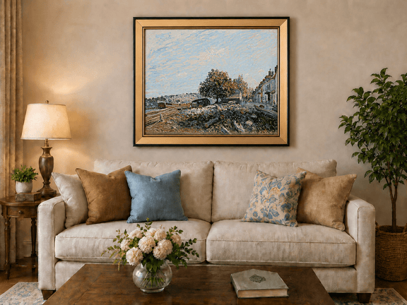 Sunny village street and riverbank landscape oil painting displayed in a styled home interior.