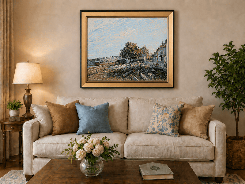 Sunny village street and riverbank landscape oil painting displayed in a styled home interior.
