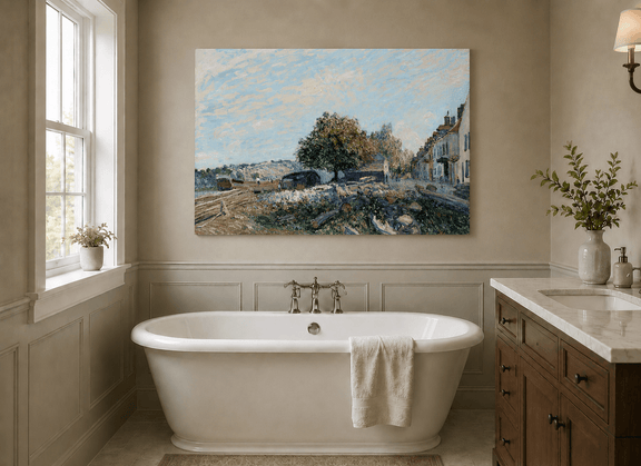 Sunny village street and riverbank landscape oil painting presented as styled home decor.
