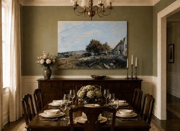 Hand-painted sunny village street landscape artwork in an interior display.