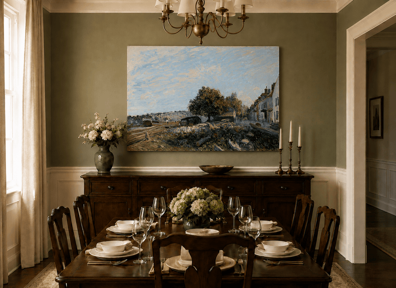 Hand-painted sunny village street landscape artwork in an interior display.
