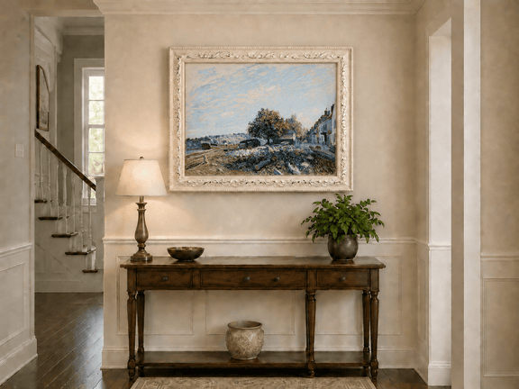 Sunny village street and riverbank hand-painted oil artwork shown as home wall decor.