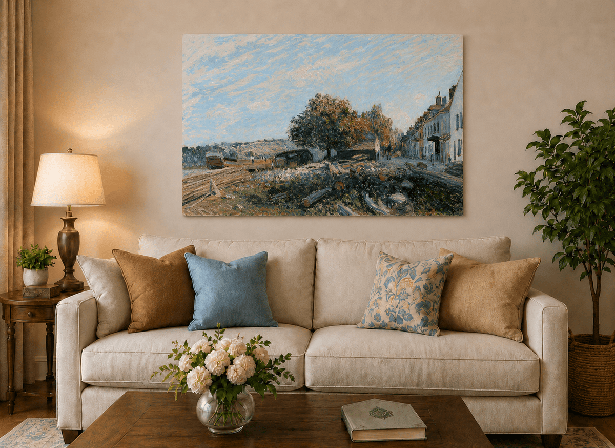 Sunny village riverbank hand-painted oil artwork displayed in a second interior view.