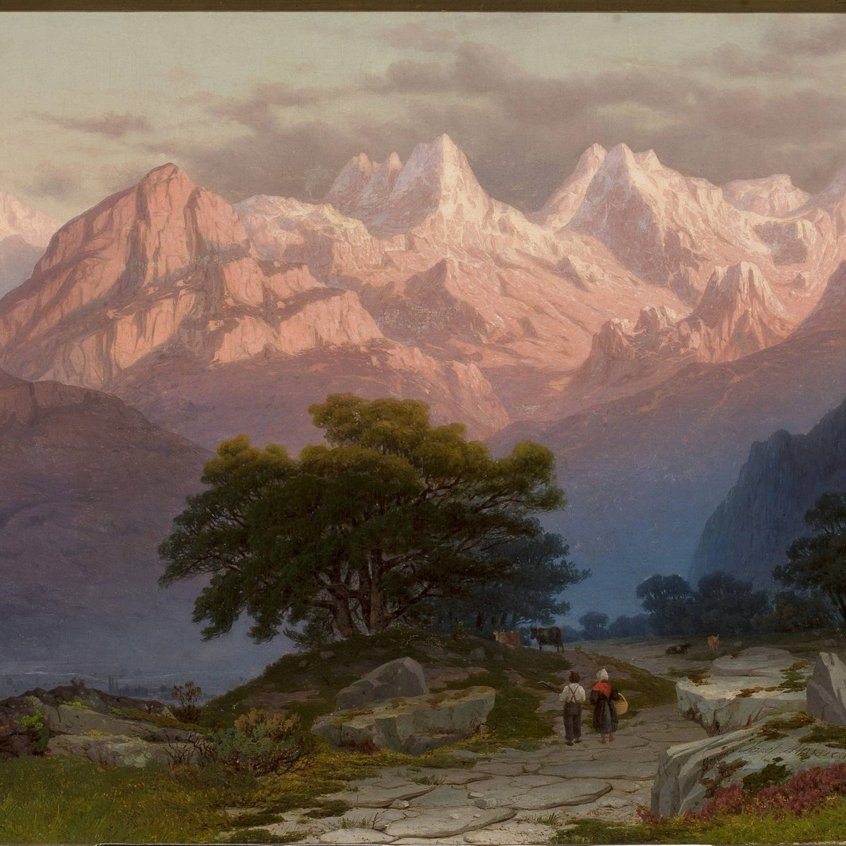 Hand-painted sunset alpine peaks and mountain path landscape oil painting on canvas