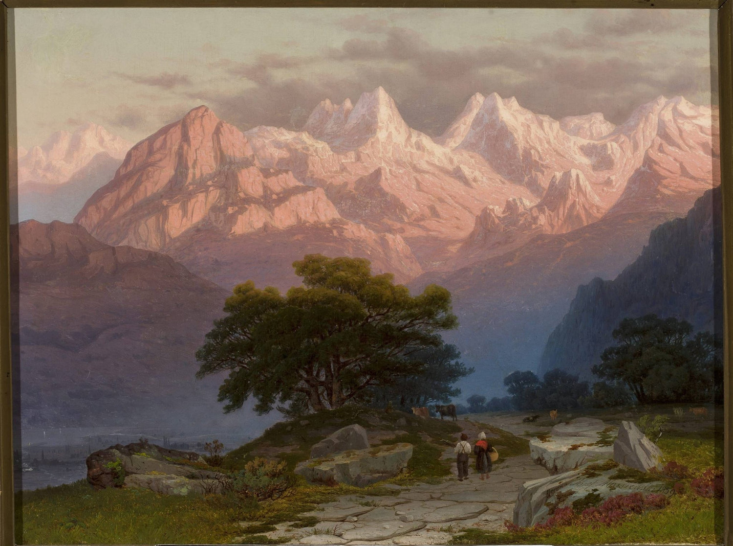 Hand-painted sunset alpine peaks and mountain path landscape oil painting on canvas