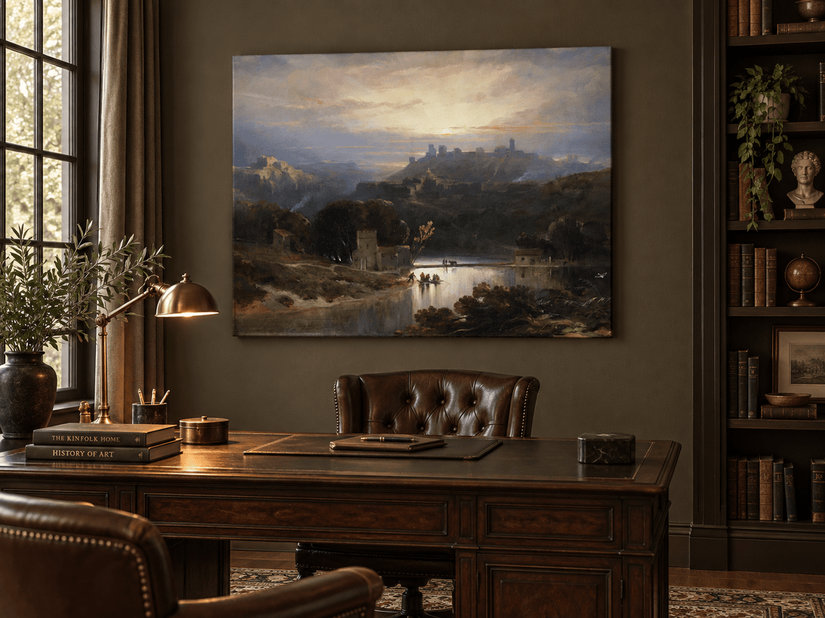 Peinture à l'huile de paysage - Gouffre rocheux spectaculaire avec personnages