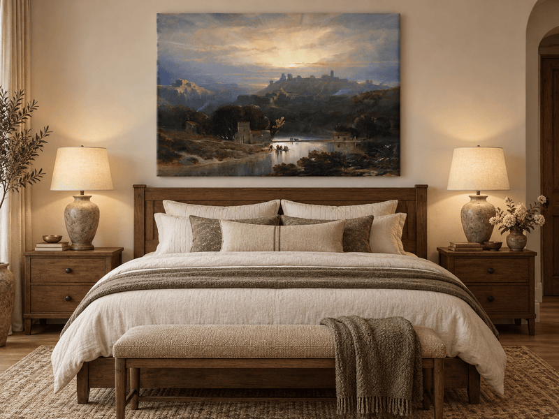 Peinture à l'huile de paysage - Gouffre rocheux spectaculaire avec personnages
